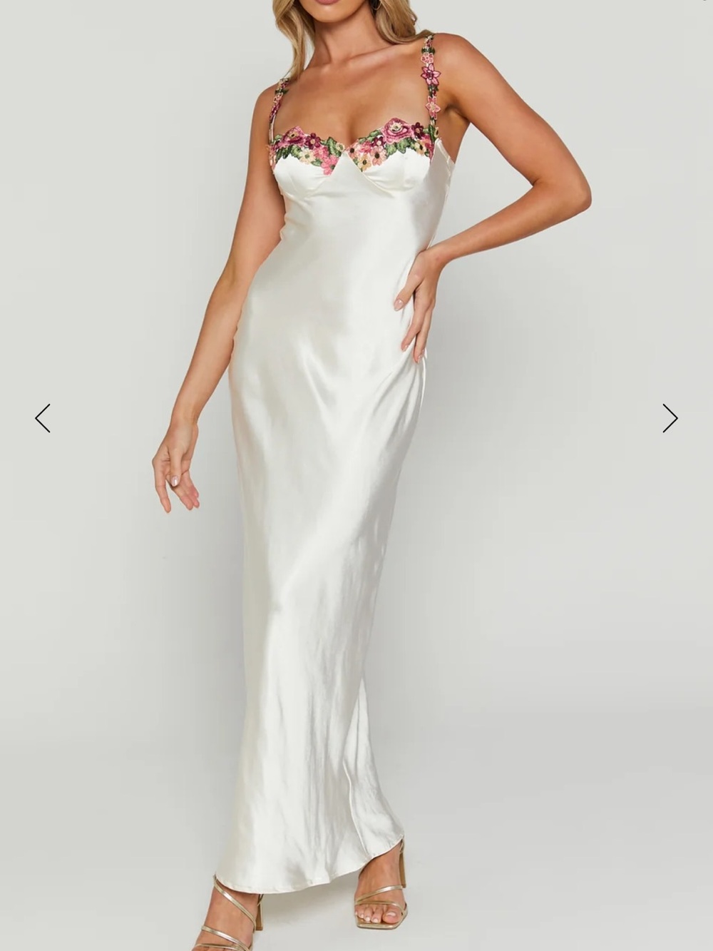 Showpo White Satin Maxi Dress with Pink Floral Trim